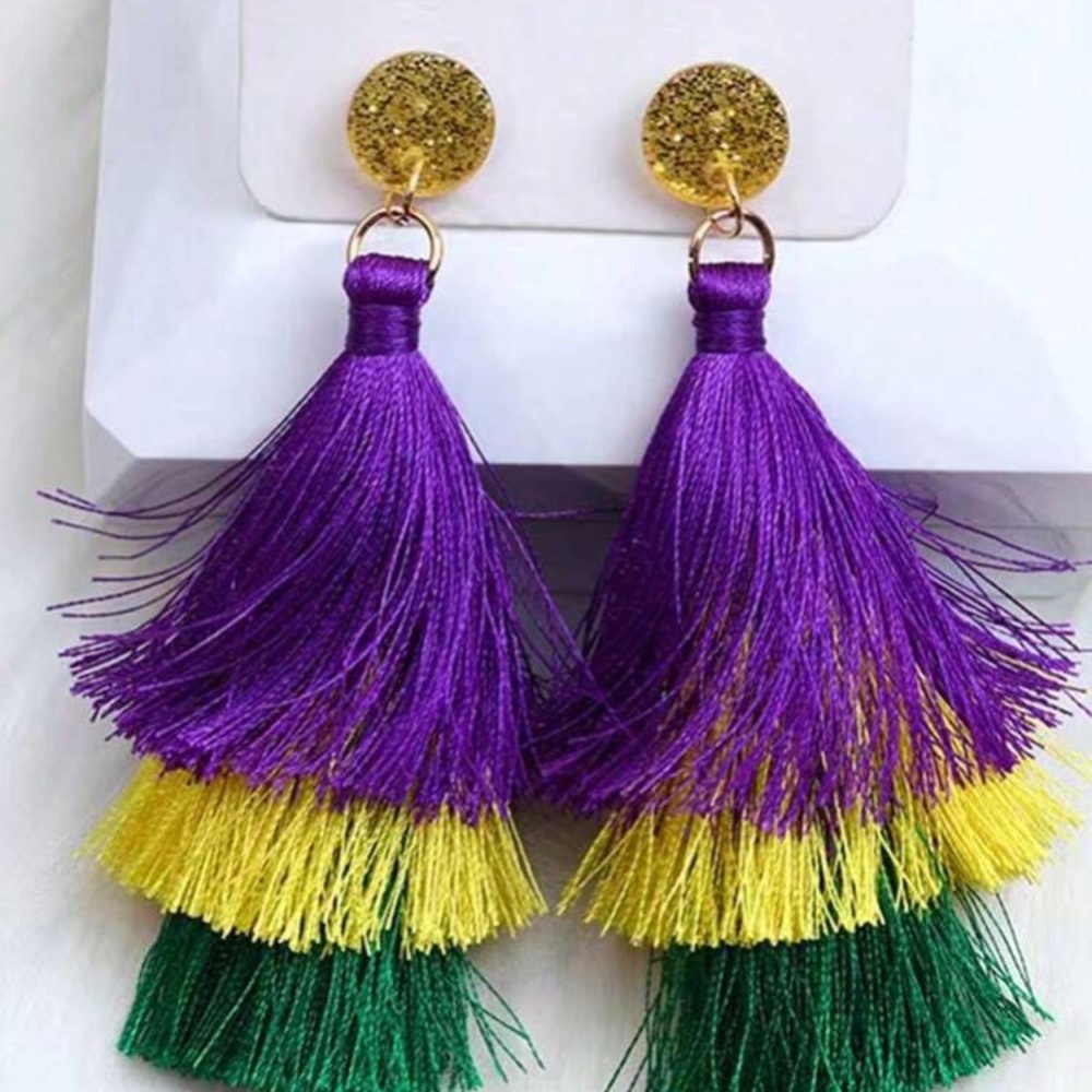 Vibrant Purple and Yellow Tassel Earrings with Circular Stud